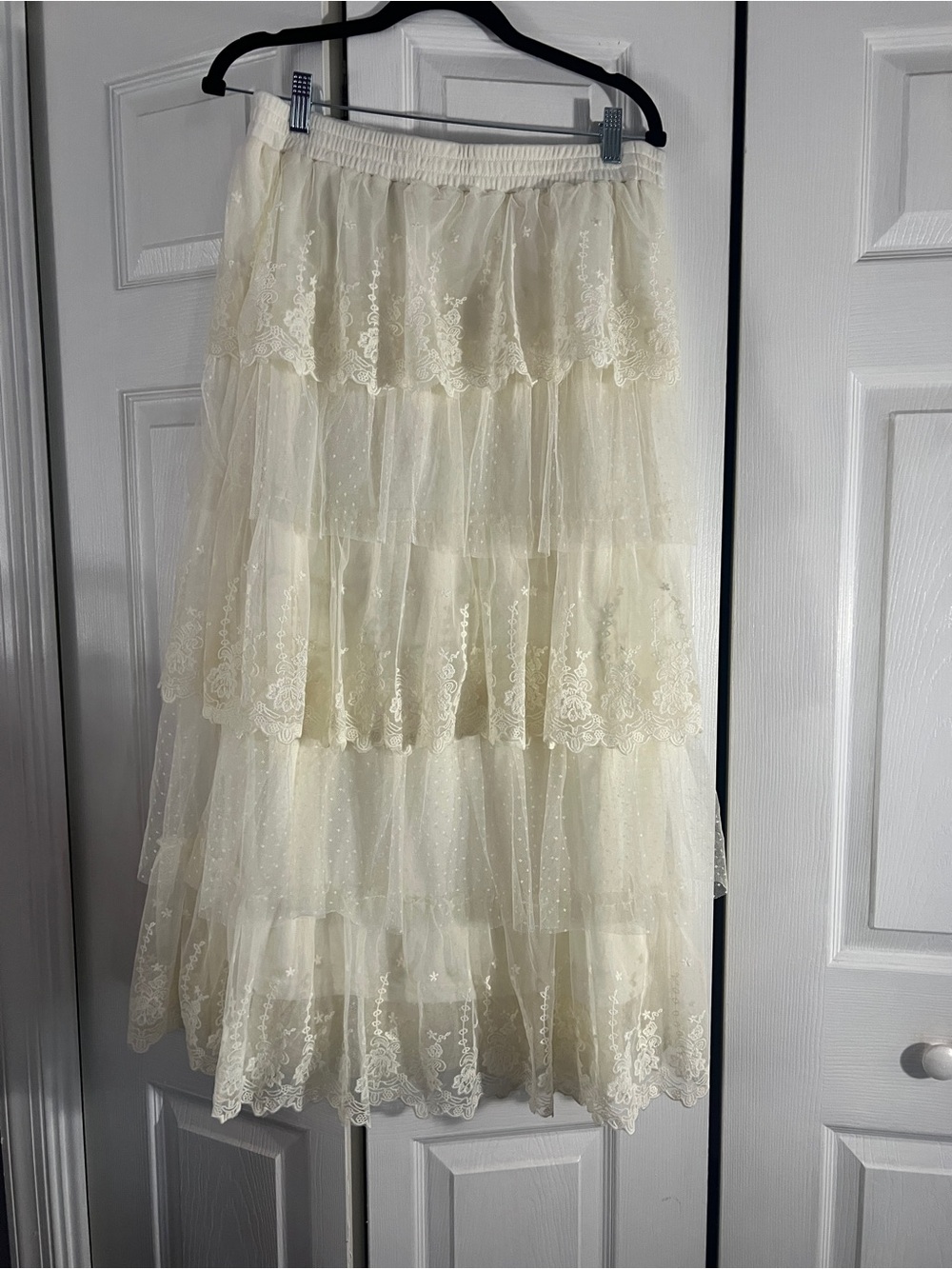 Ultra Pink Cream Tiered Lace Tulle Maxi Skirt